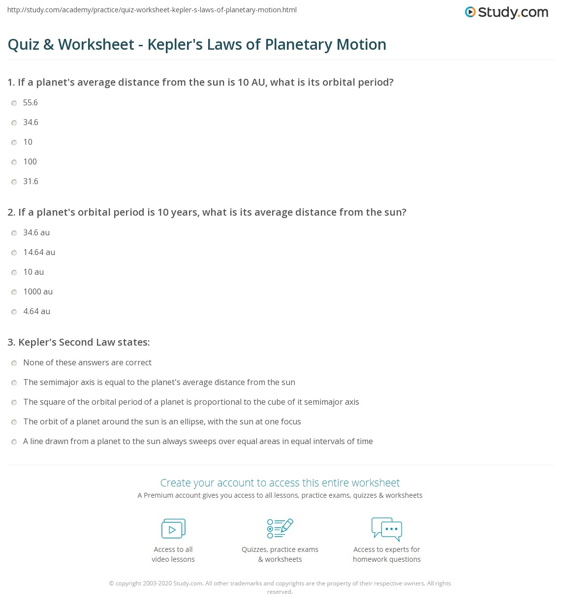 Quiz Worksheet Kepler s Laws Of Planetary Motion Study