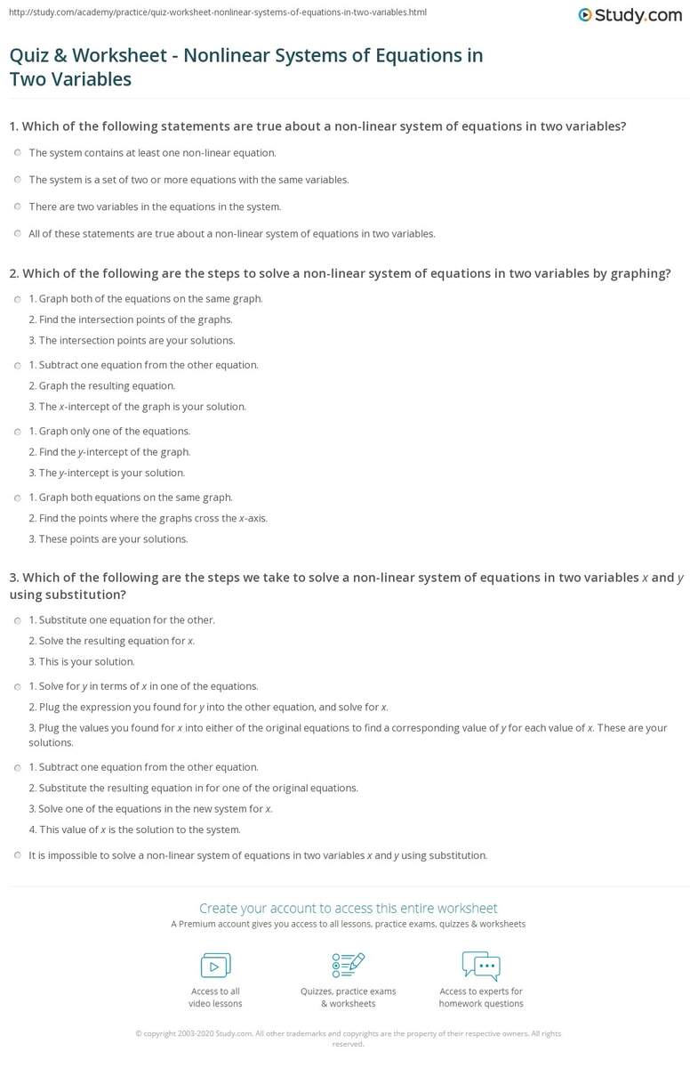 Quiz Worksheet Nonlinear Systems Of Equations In Two Variables Study Quiz Worksheet Nonlinear Systems Of Equations In Two Variables Study