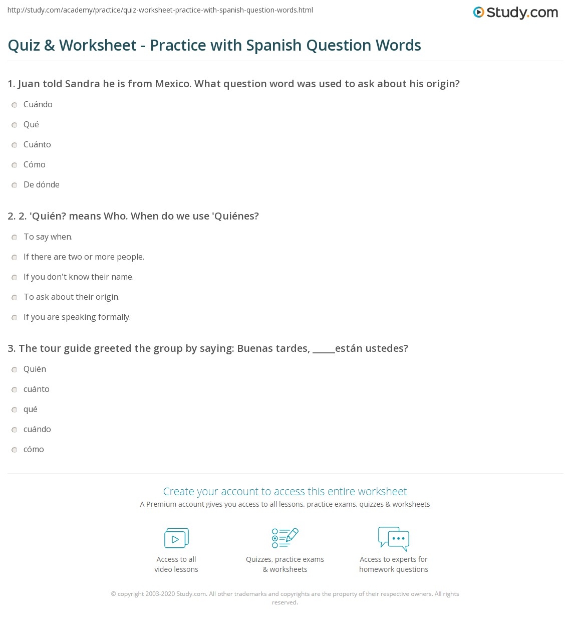 Quiz Worksheet Practice With Spanish Question Words Study Quiz Worksheet Practice With Spanish Question Words Study