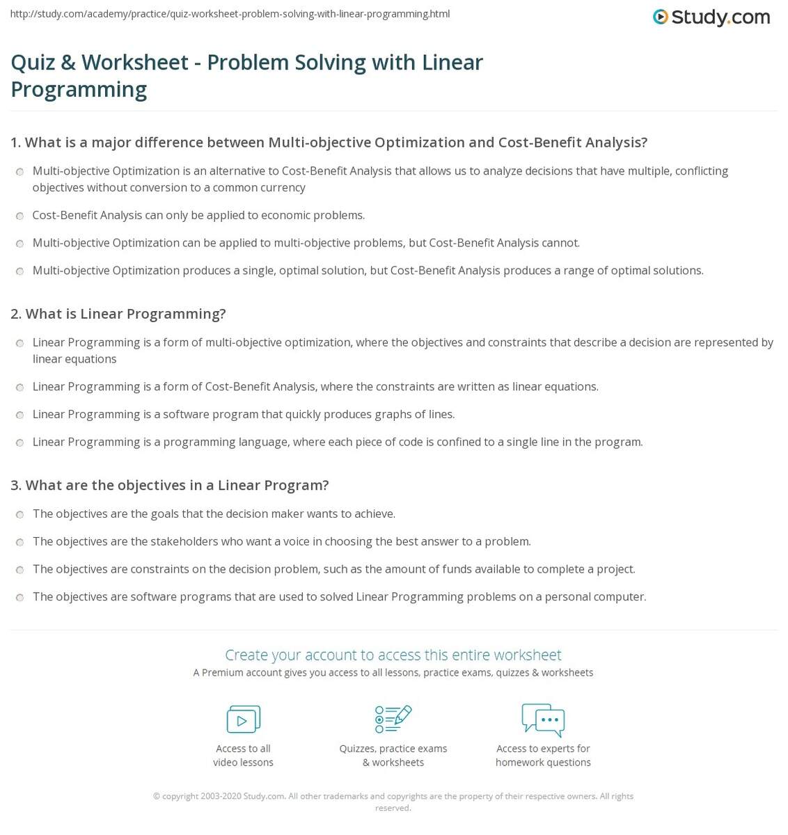 Quiz Worksheet Problem Solving With Linear Programming Study