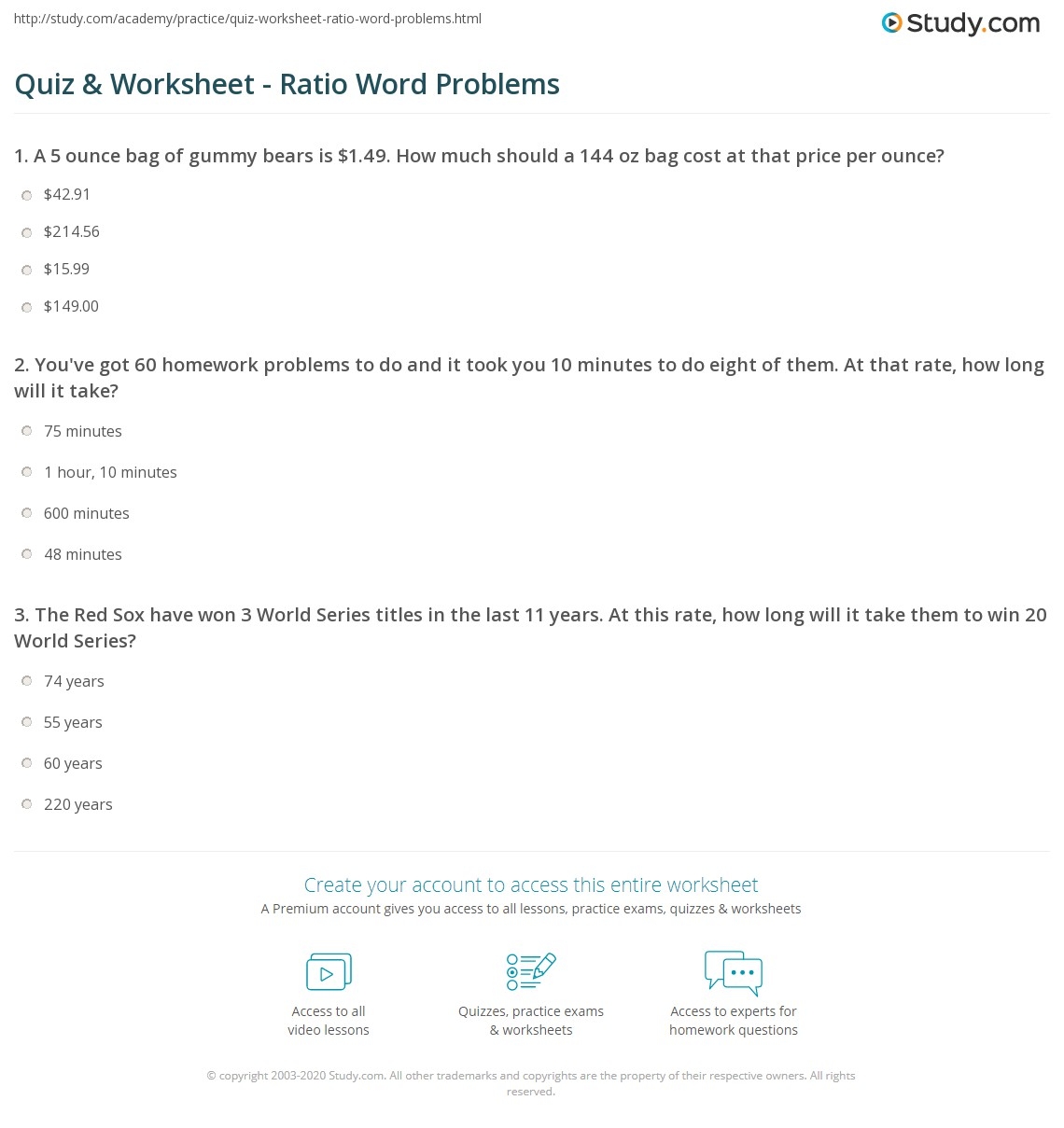 Quiz Worksheet Ratio Word Problems Study