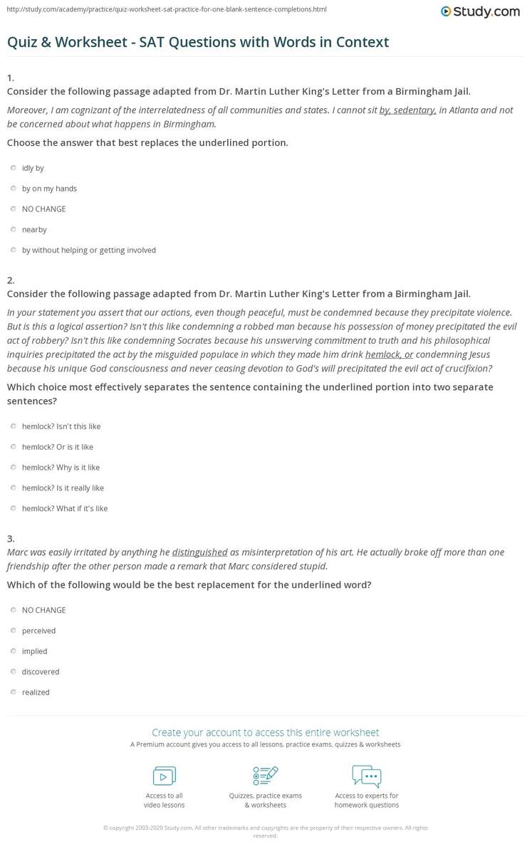 Quiz Worksheet SAT Questions With Words In Context Study