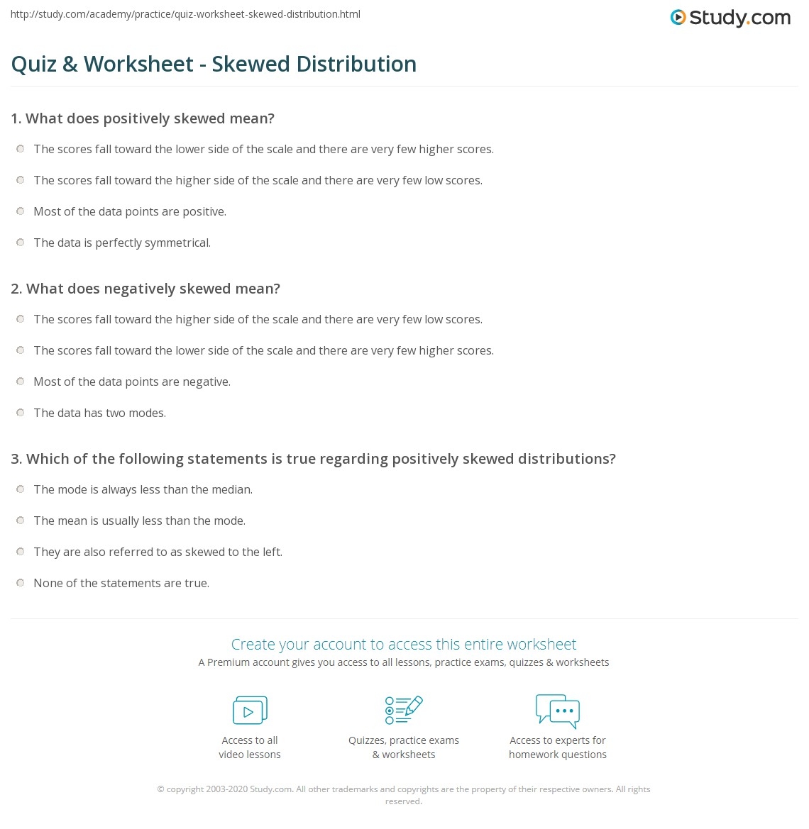 Quiz Worksheet Skewed Distribution Study
