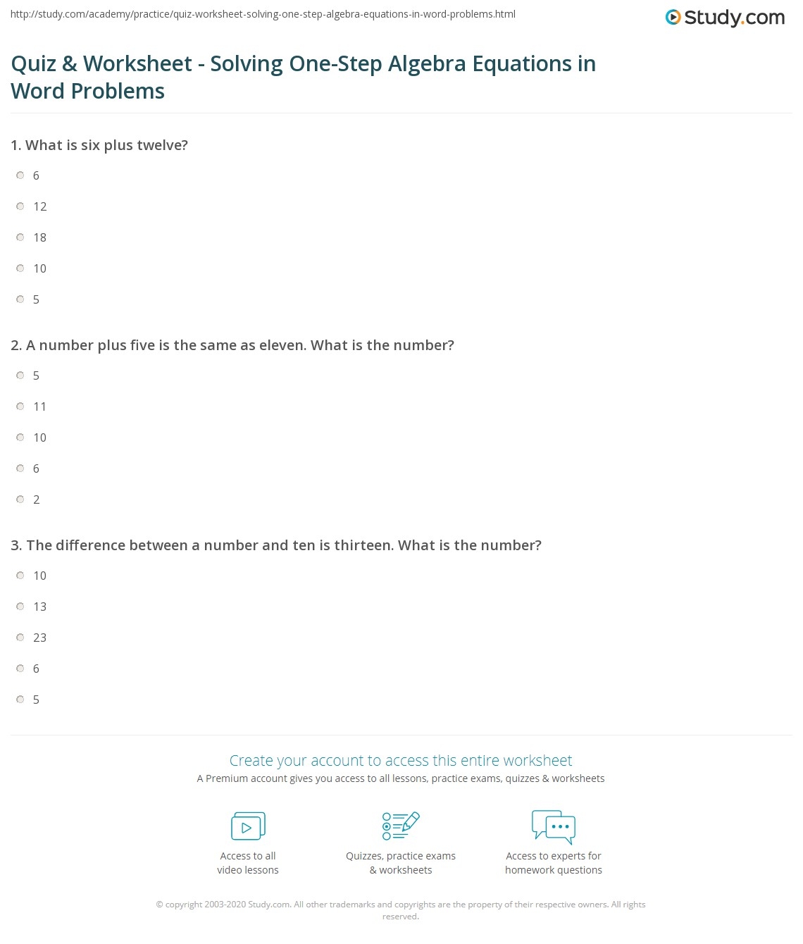 Quiz Worksheet Solving One Step Algebra Equations In Word Problems Study Quiz Worksheet Solving One Step Algebra Equations In Word Problems Study