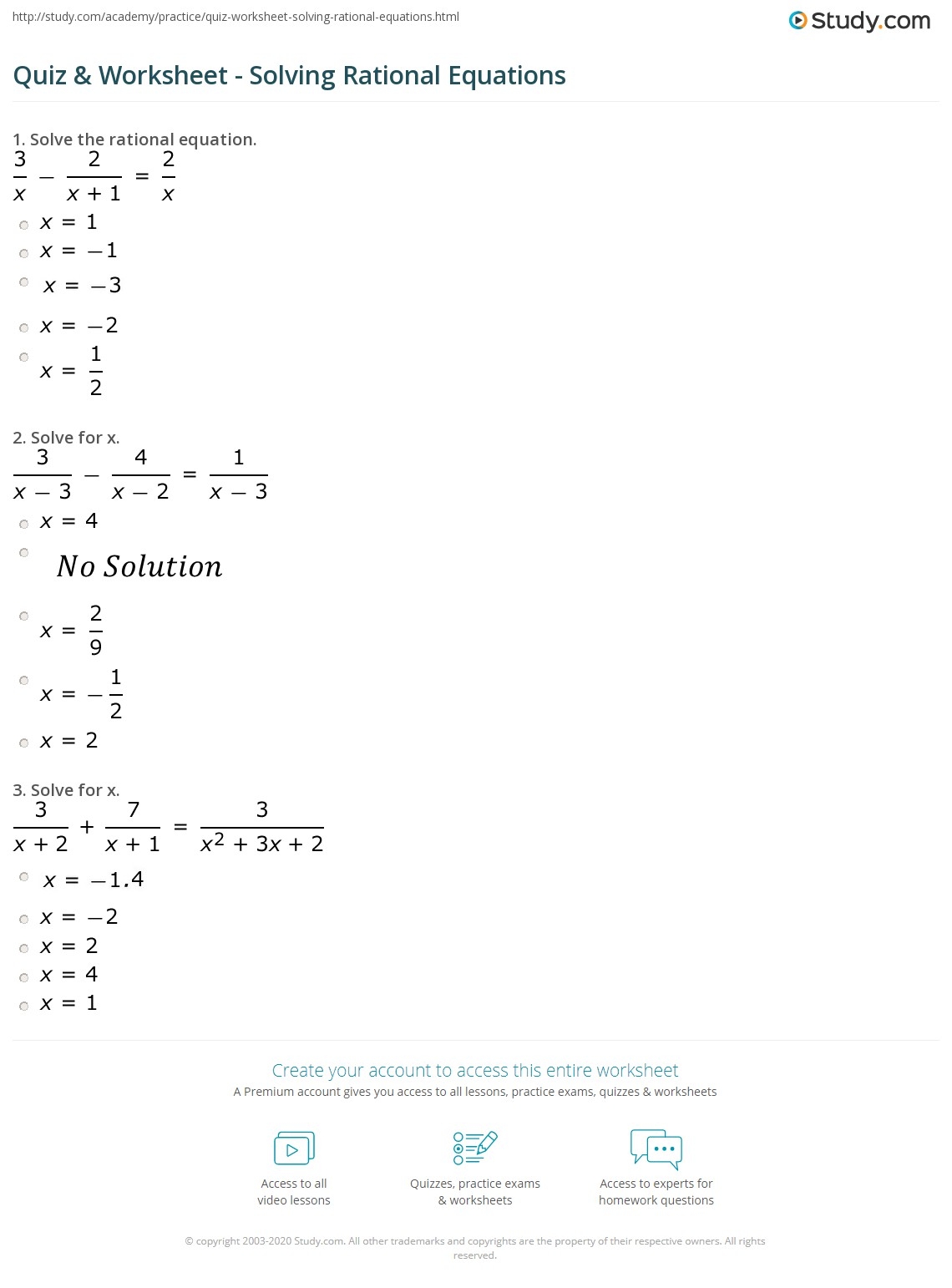 Quiz Worksheet Solving Rational Equations Study Quiz Worksheet Solving Rational Equations Study