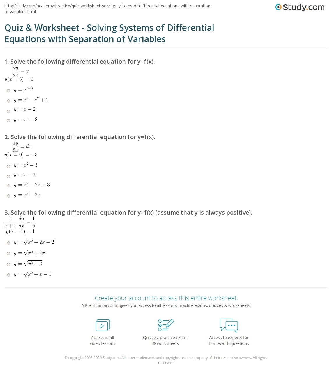 Quiz Worksheet Solving Systems Of Differential Equations With Separation Of Variables Study