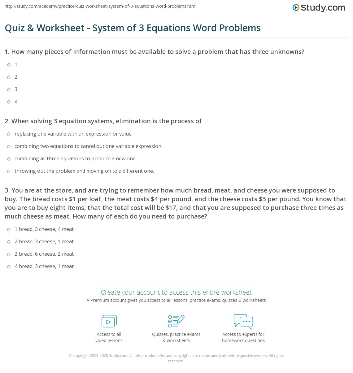 Quiz Worksheet System Of 3 Equations Word Problems Study