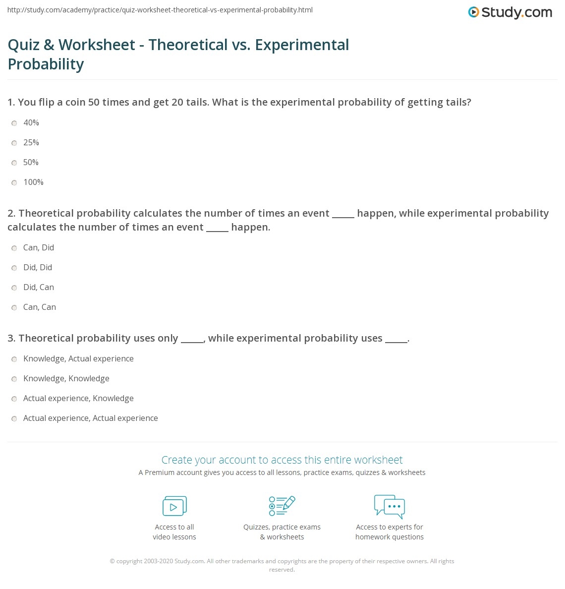 Quiz Worksheet Theoretical Vs Experimental Probability Study Quiz Worksheet Theoretical Vs Experimental Probability Study