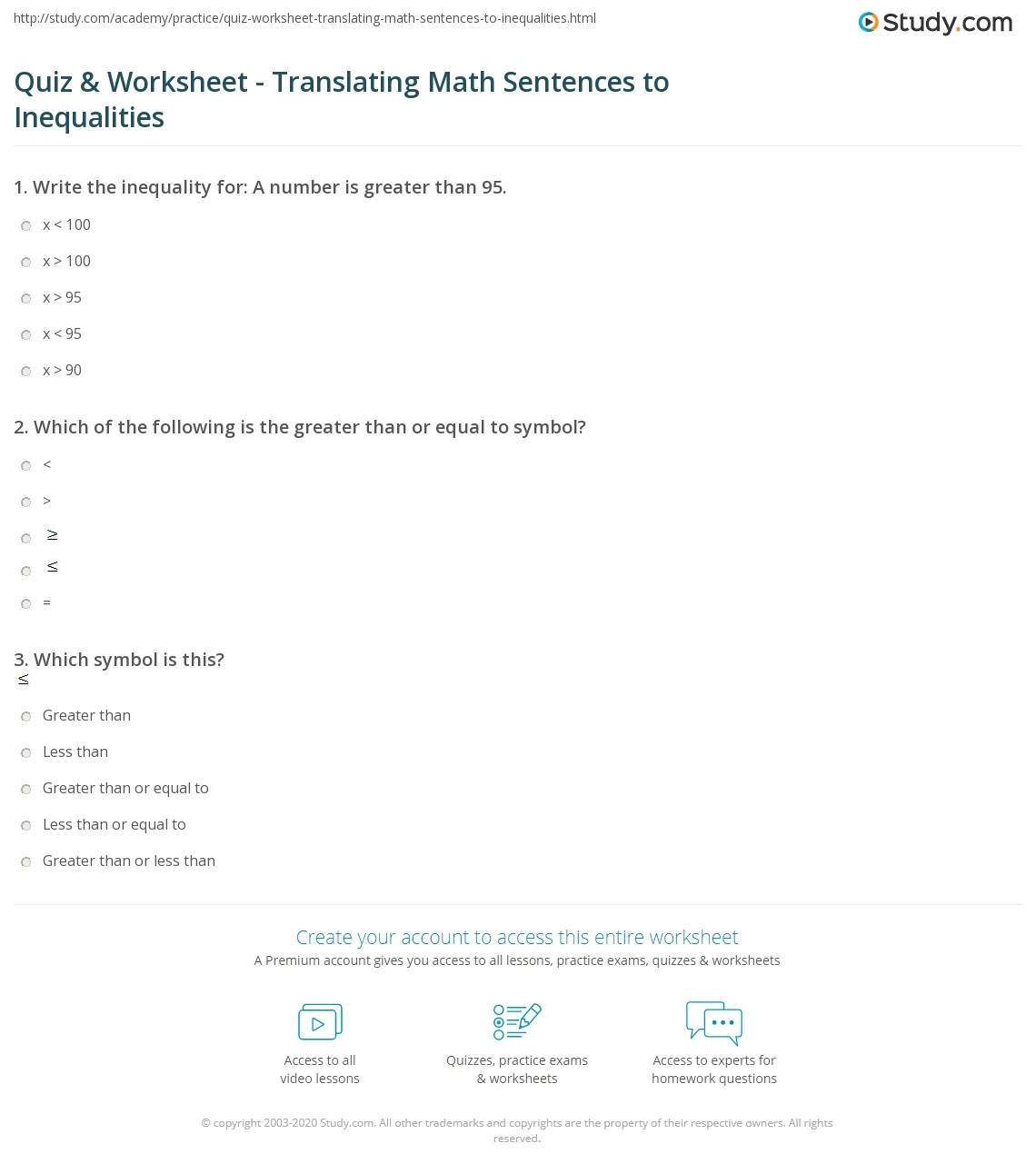 Quiz Worksheet Translating Math Sentences To Inequalities Study