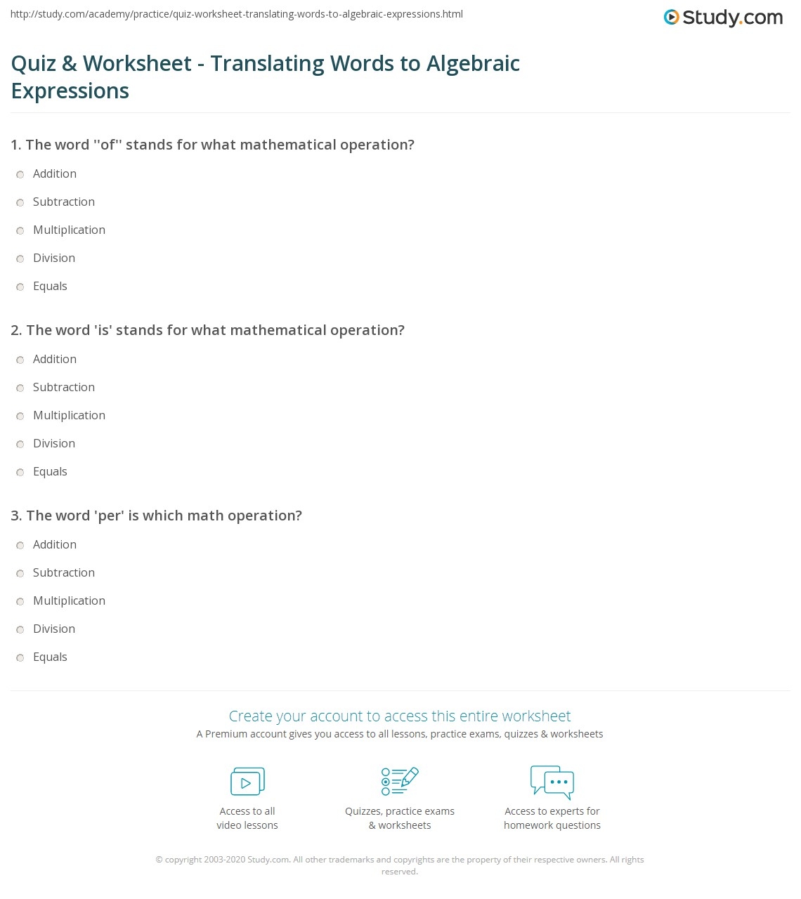 Quiz Worksheet Translating Words To Algebraic Expressions Worksheets Library