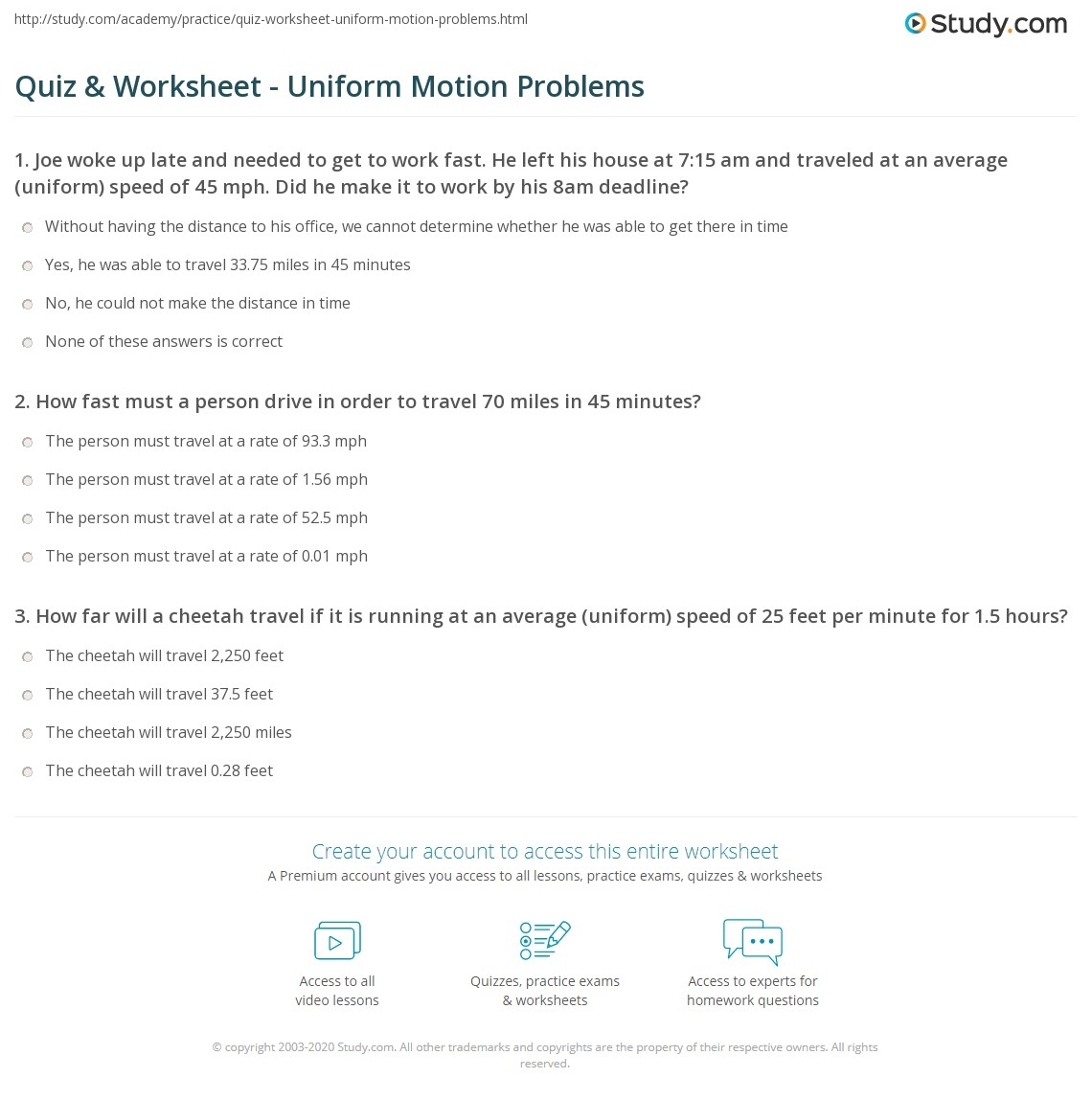 Quiz Worksheet Uniform Motion Problems Study Projectile Motion Interactive Worksheet Worksheets Library