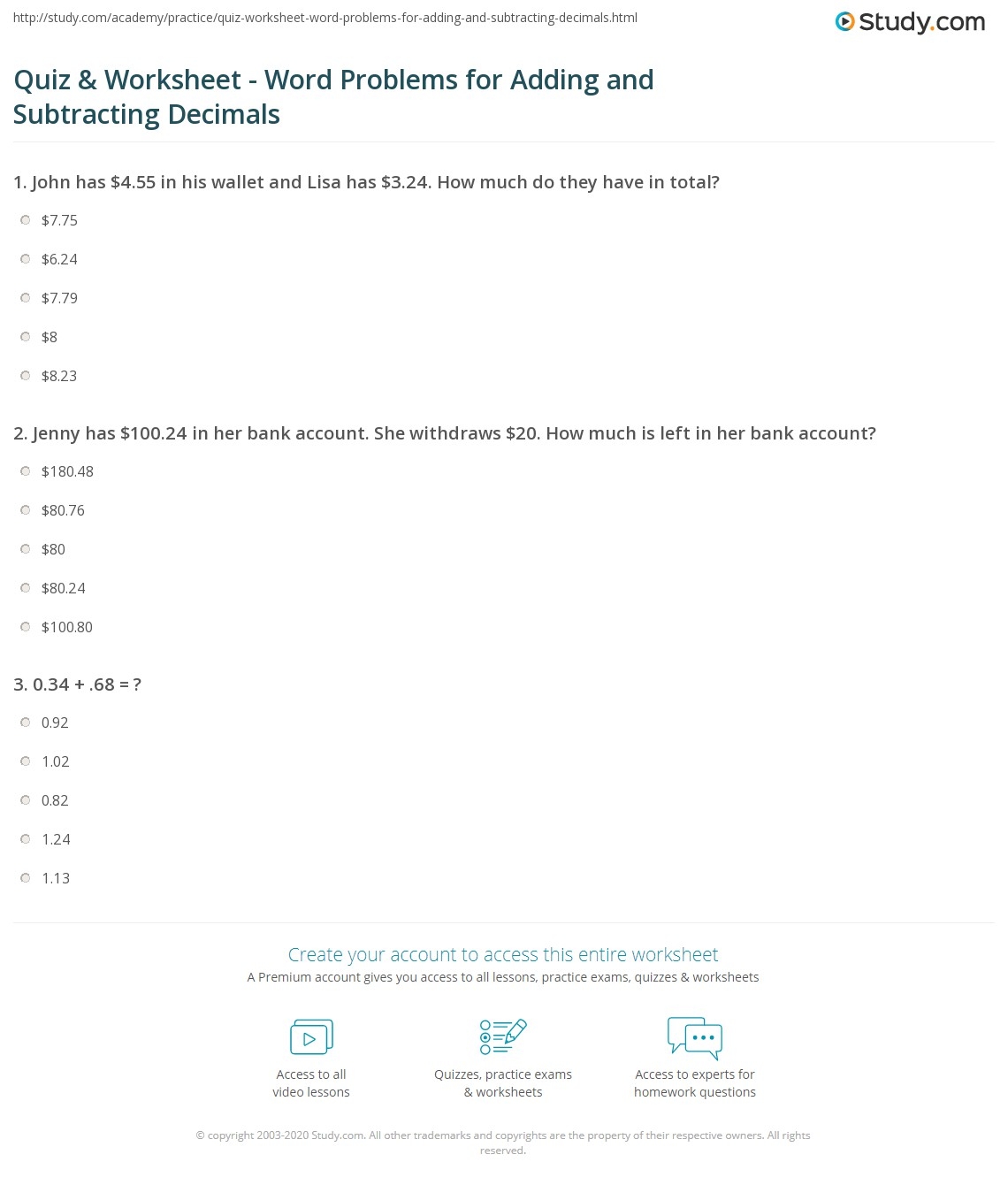 Quiz Worksheet Word Problems For Adding And Subtracting Decimals Study Quiz Worksheet Word Problems For Adding And Subtracting Decimals Study