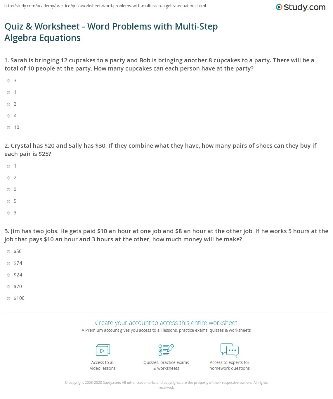 Quiz Worksheet Word Problems With Multi Step Algebra Equations Study