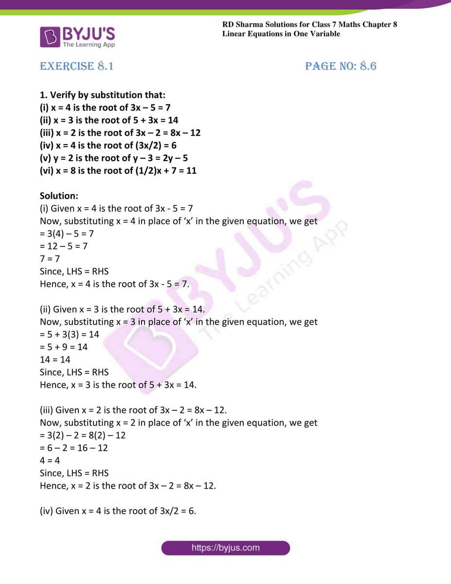 RD Sharma Solutions Class 7 Maths Chapter 8 Linear Equations In One Variable RD Sharma Solutions Class 7 Maths Chapter 8 Linear Equations In One Variable