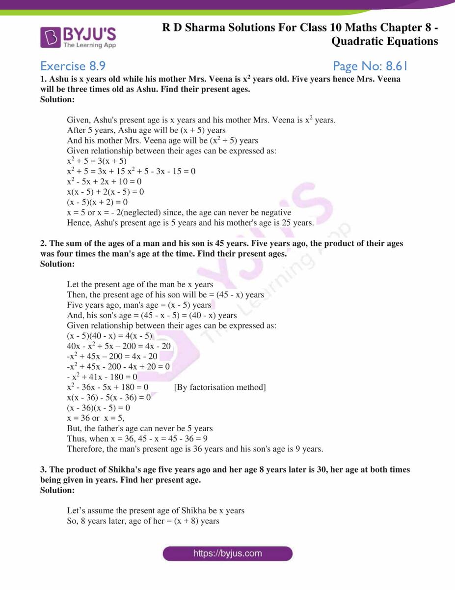 RD Sharma Solutions For Class 10 Maths Chapter 8 Quadratic Equations Exercise 8 9