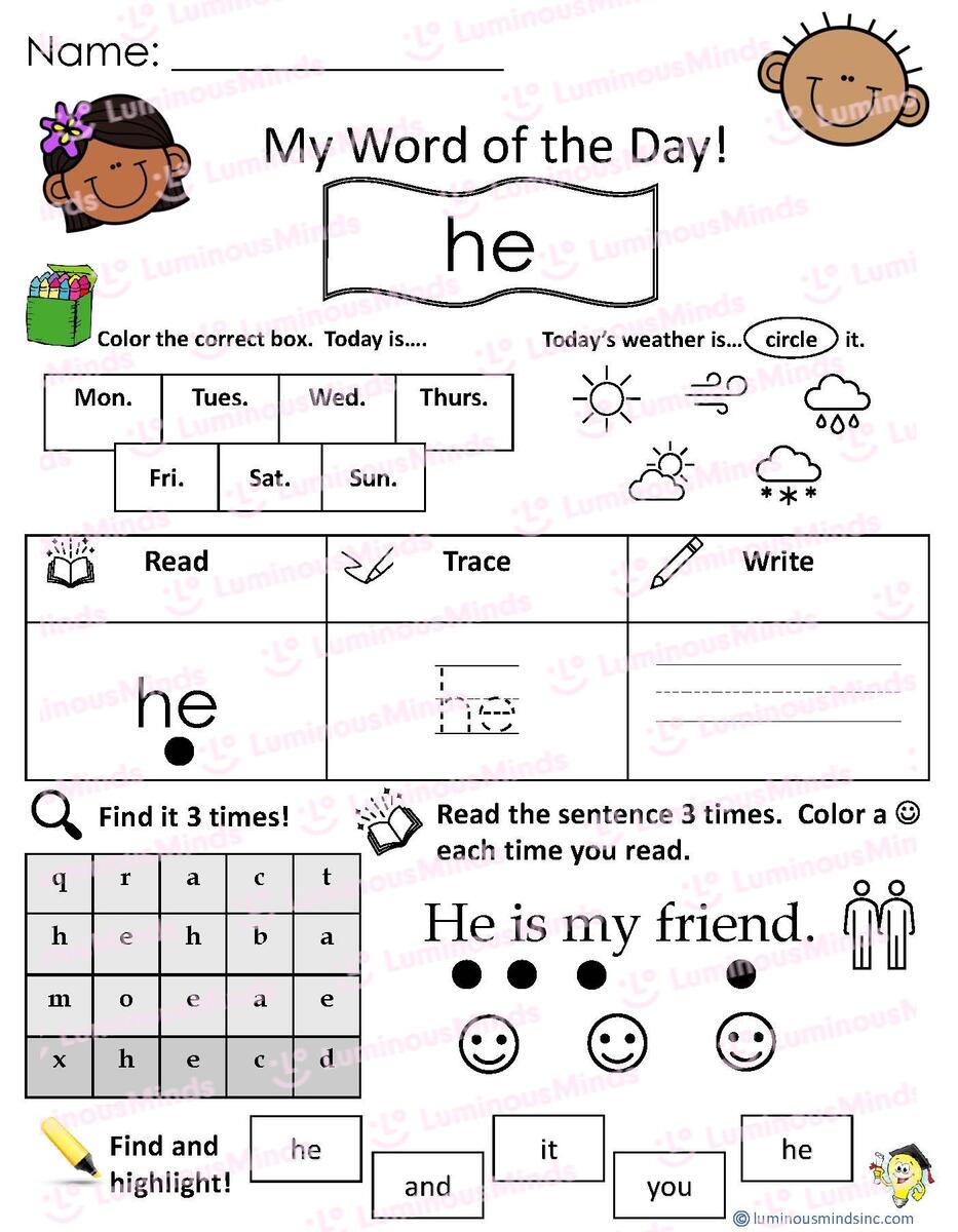 Reading Comprehension Worksheets My Word Of The Day He Reading Comprehension Worksheets My Word Of The Day He