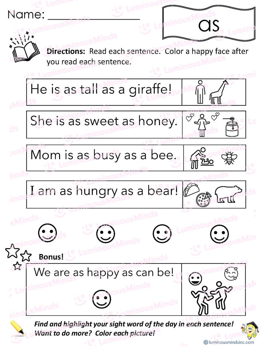Reading Comprehension Worksheets Reading With Sight Word As