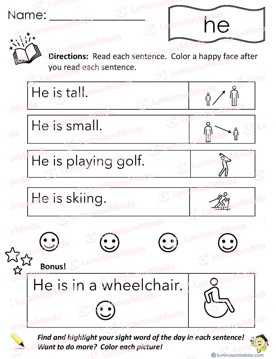 Reading Comprehension Worksheets Reading With Sight Word He Reading Comprehension Worksheets Reading With Sight Word He