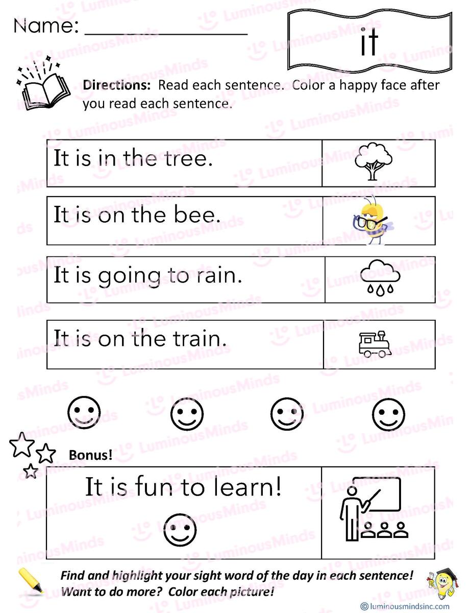 Reading Comprehension Worksheets Reading With Sight Word It