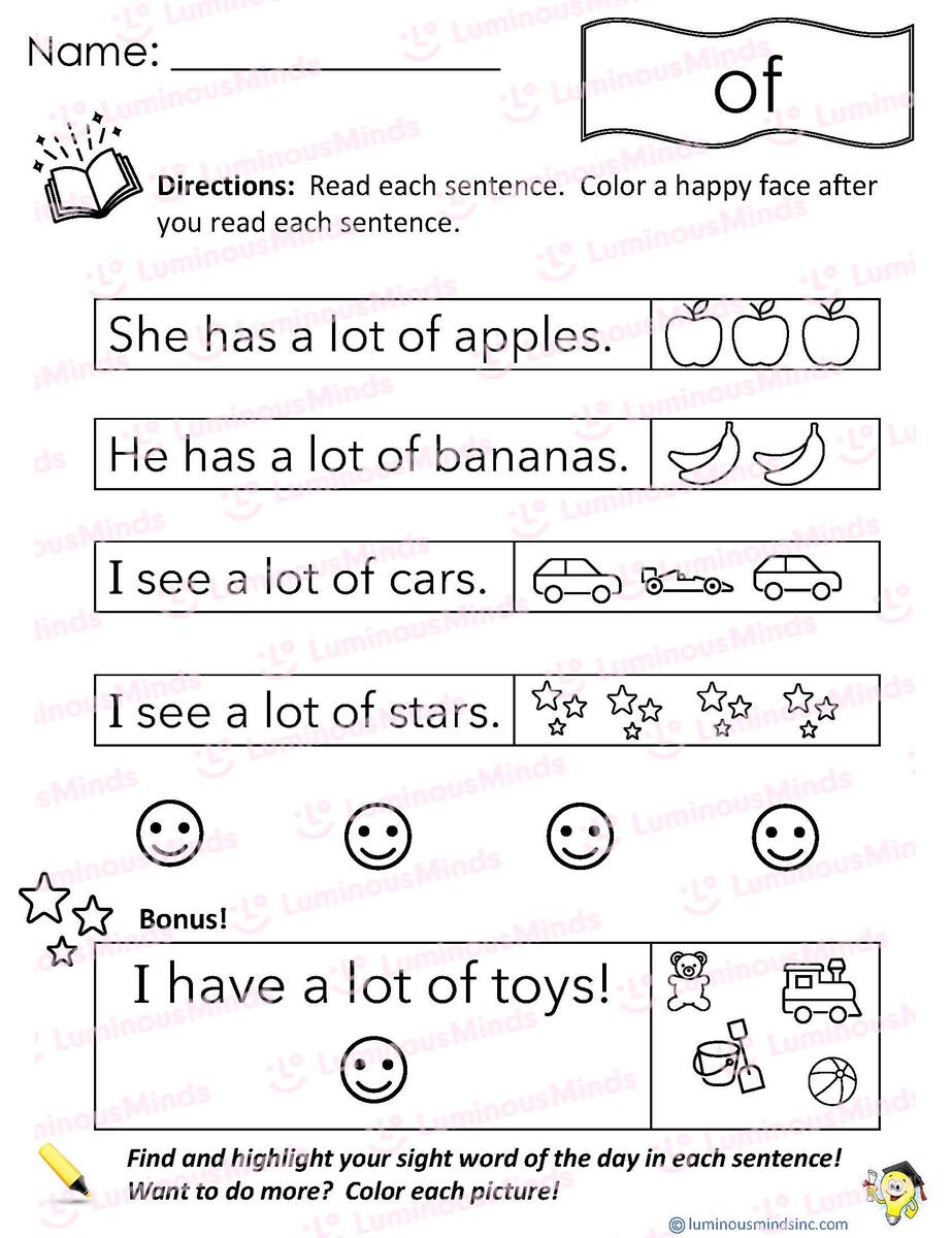 Reading Comprehension Worksheets Reading With Sight Word Of
