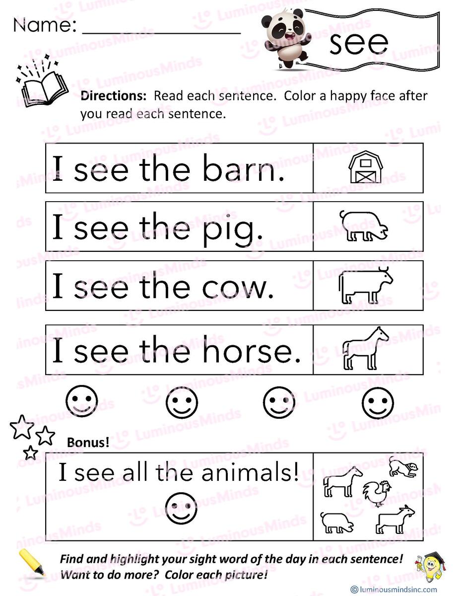 Reading Comprehension Worksheets Reading With Sight Word See