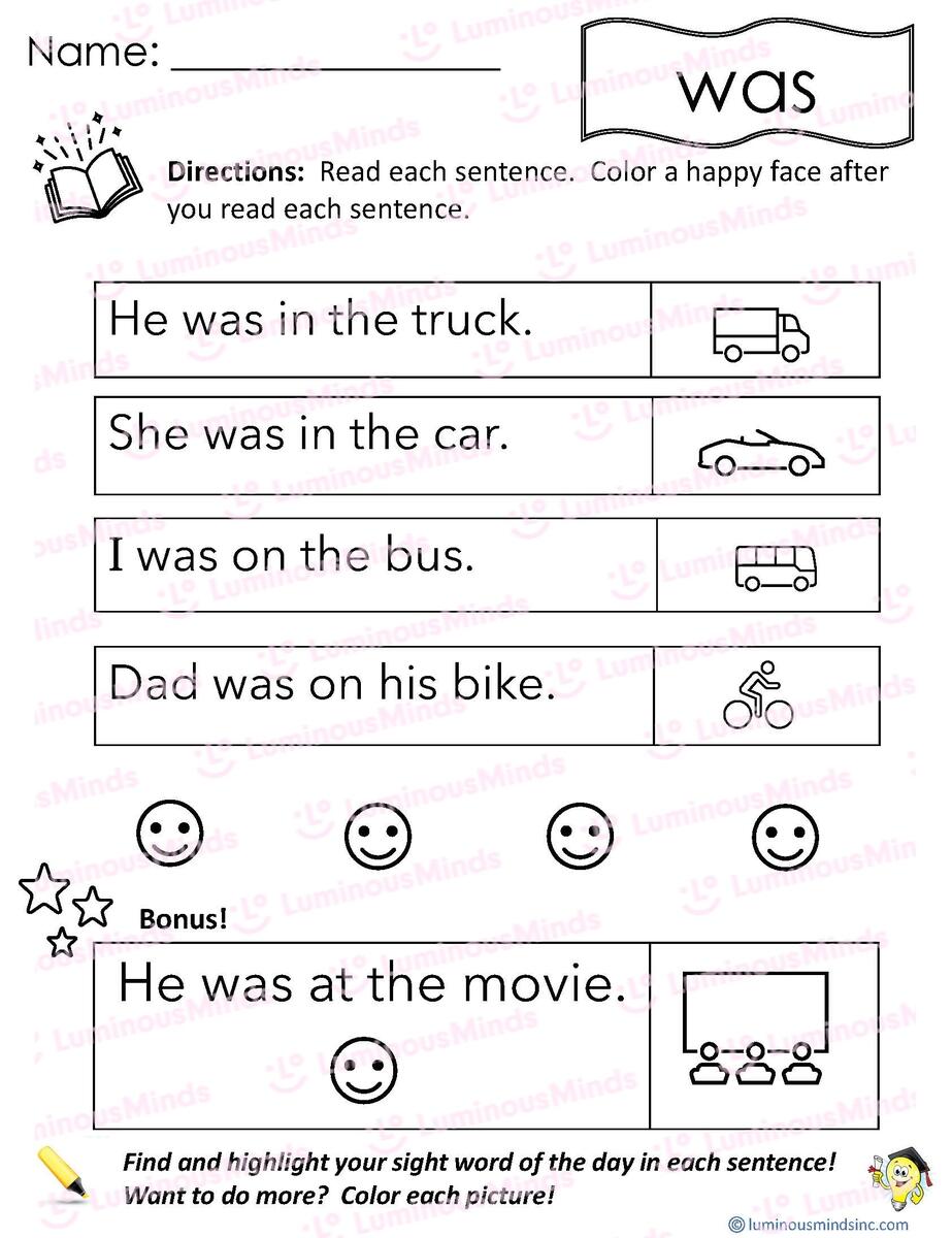Reading Comprehension Worksheets Reading With Sight Word Was Free Dolch Sight Word Worksheet Be Worksheets4Free
