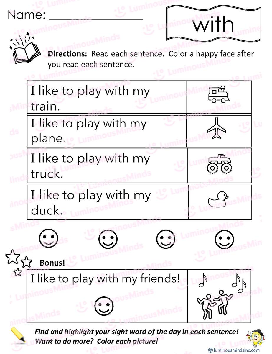 Reading Comprehension Worksheets Reading With Sight Word With