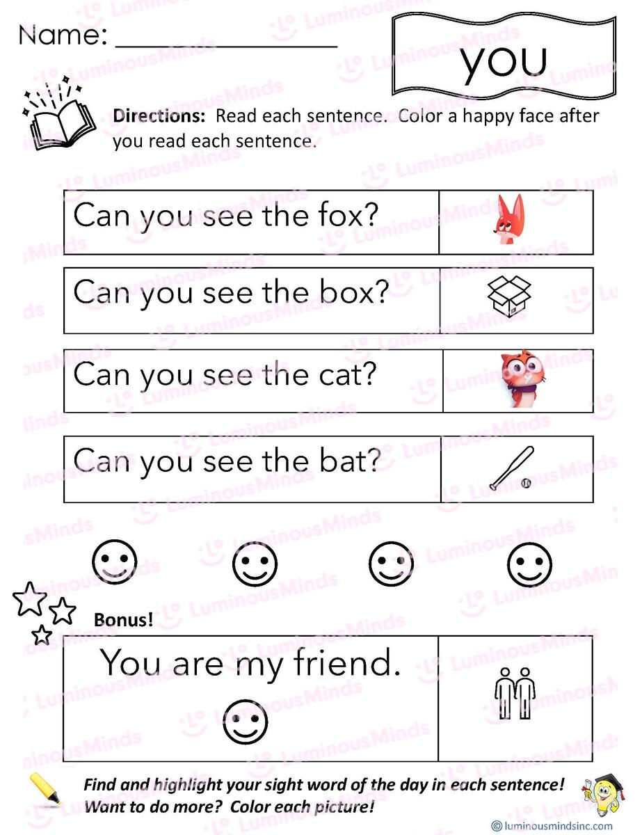 Reading Comprehension Worksheets Reading With Sight Word You