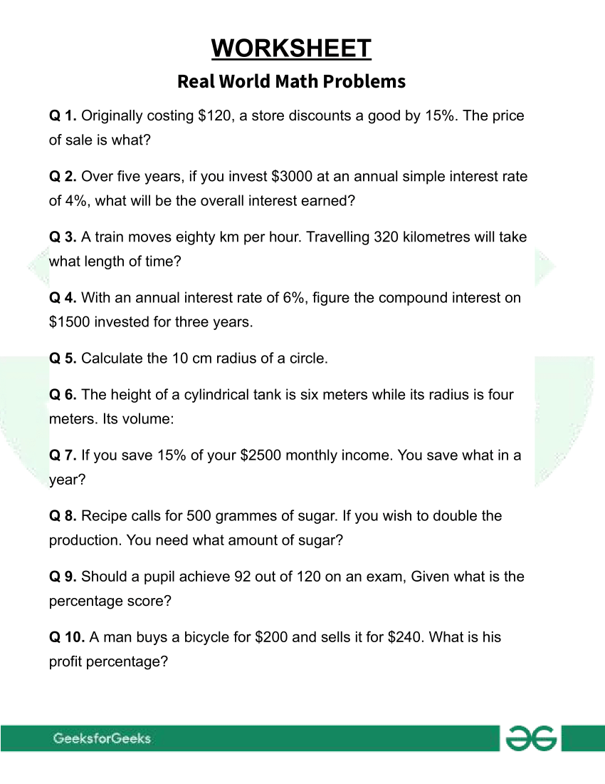Real World Math Problems Worksheets GeeksforGeeks Real World Math Problems Worksheets GeeksforGeeks