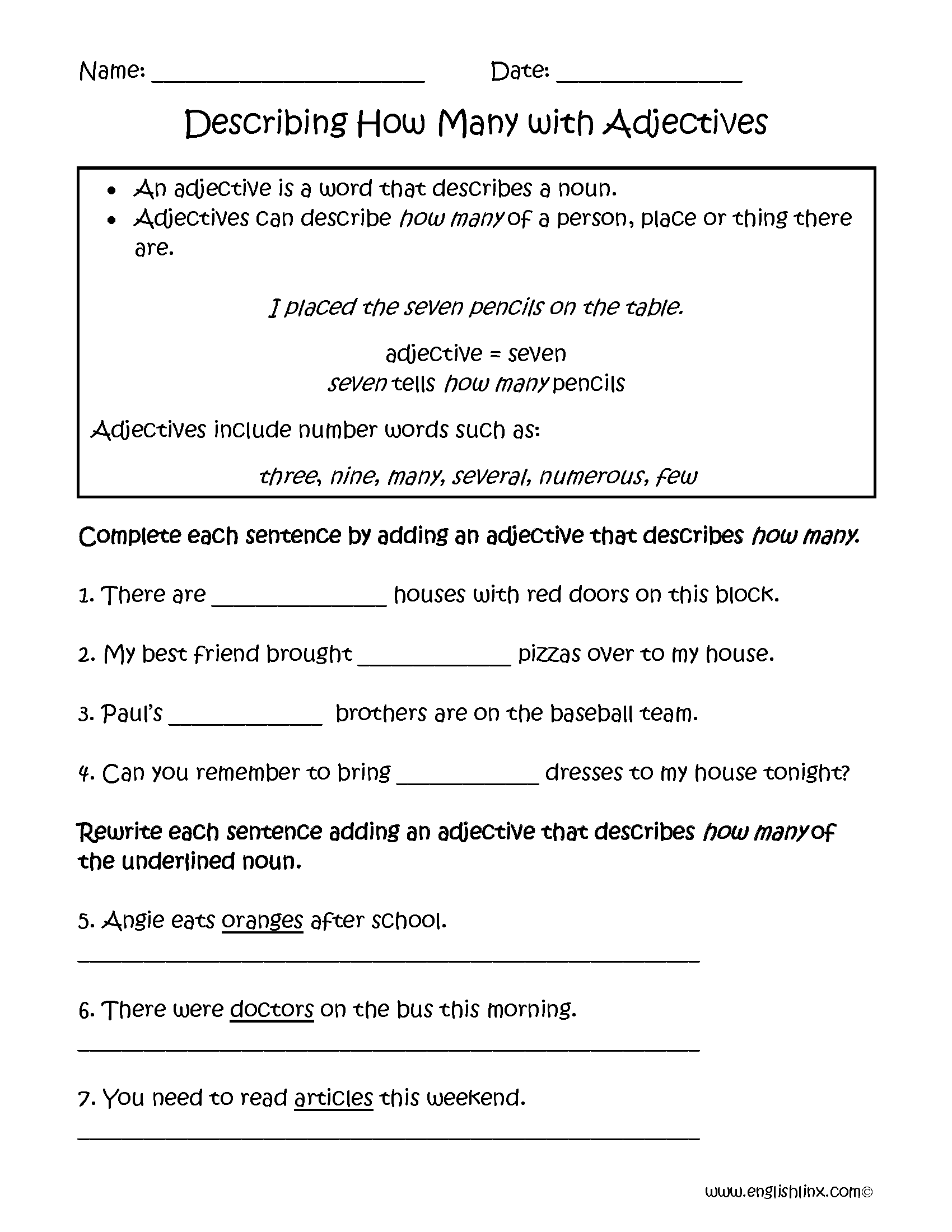 Regular Adjectives Worksheets Describing How Many Adjectives Worksheets