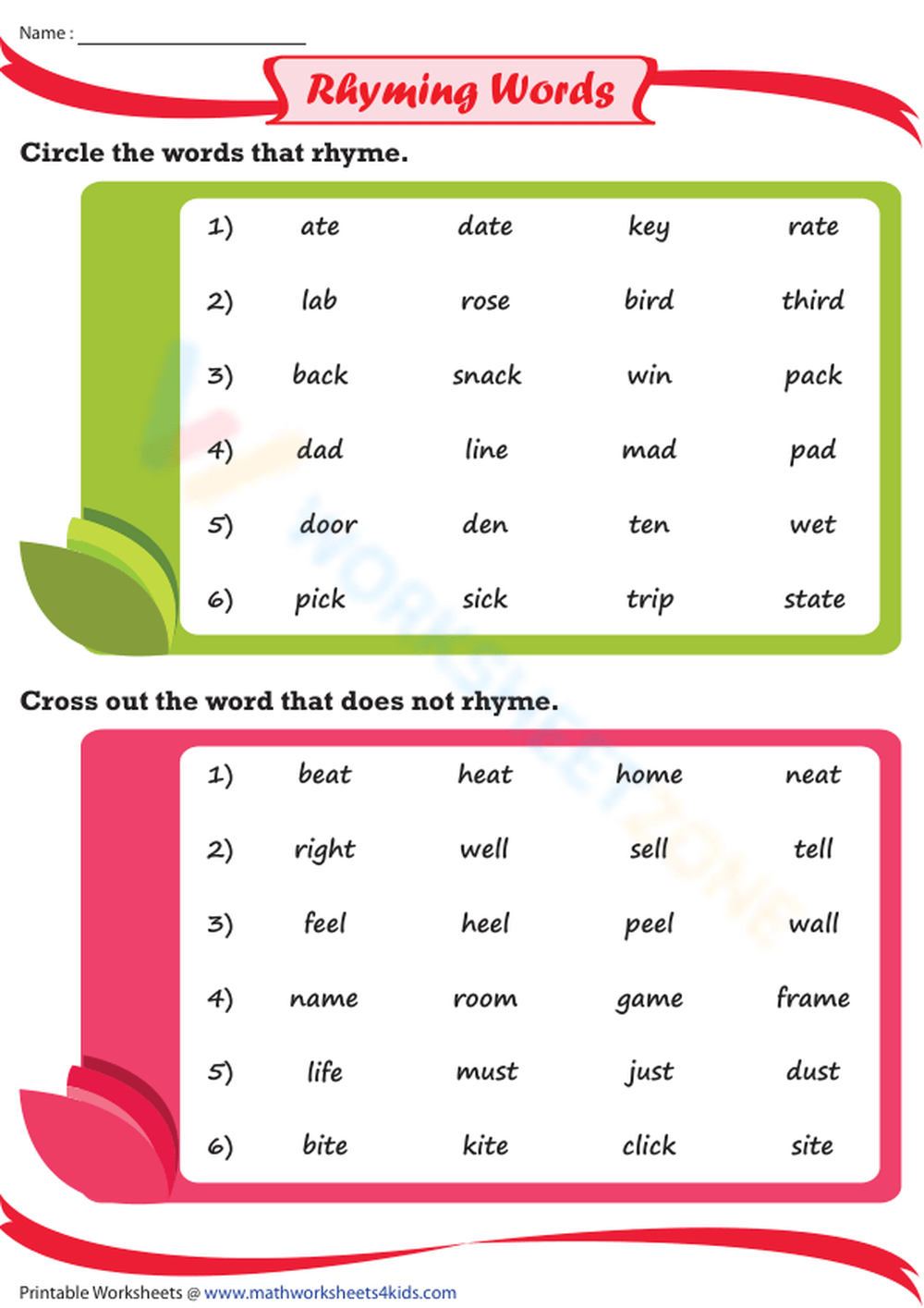 Rhyming Words Learn Rhyming Worksheet Rhyming Words Learn Rhyming Worksheet