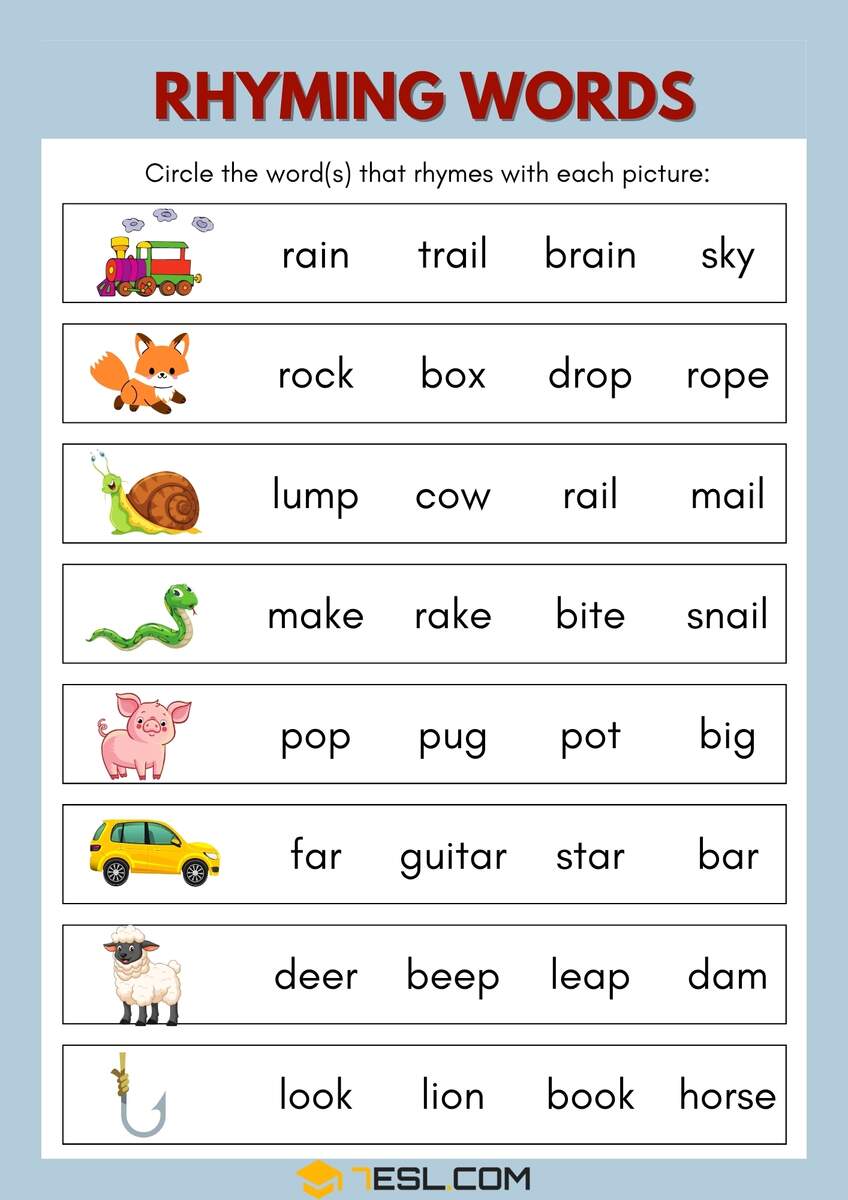 Rhyming Words Worksheets For Kids 7ESL