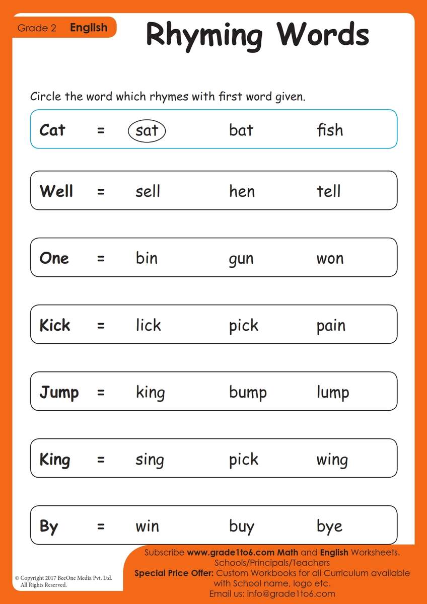 Rhyming Words Worksheets Grade 2 Grade1to6 Worksheets Library