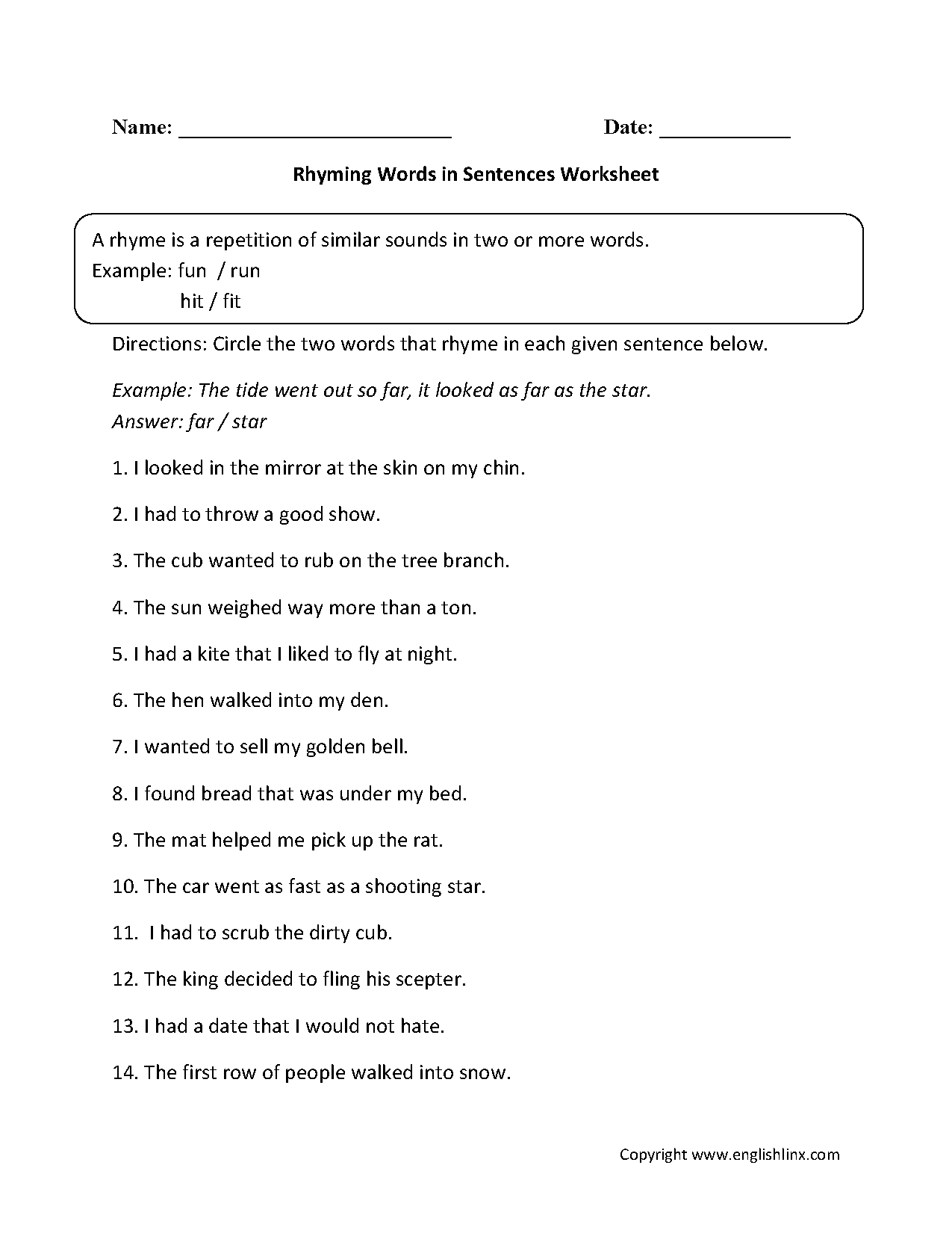 Rhyming Worksheets Rhyming Words In Sentences Worksheet