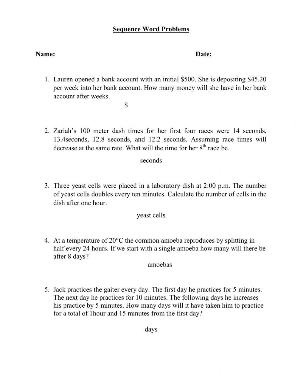 Sequence Word Problems Worksheet Worksheets Library