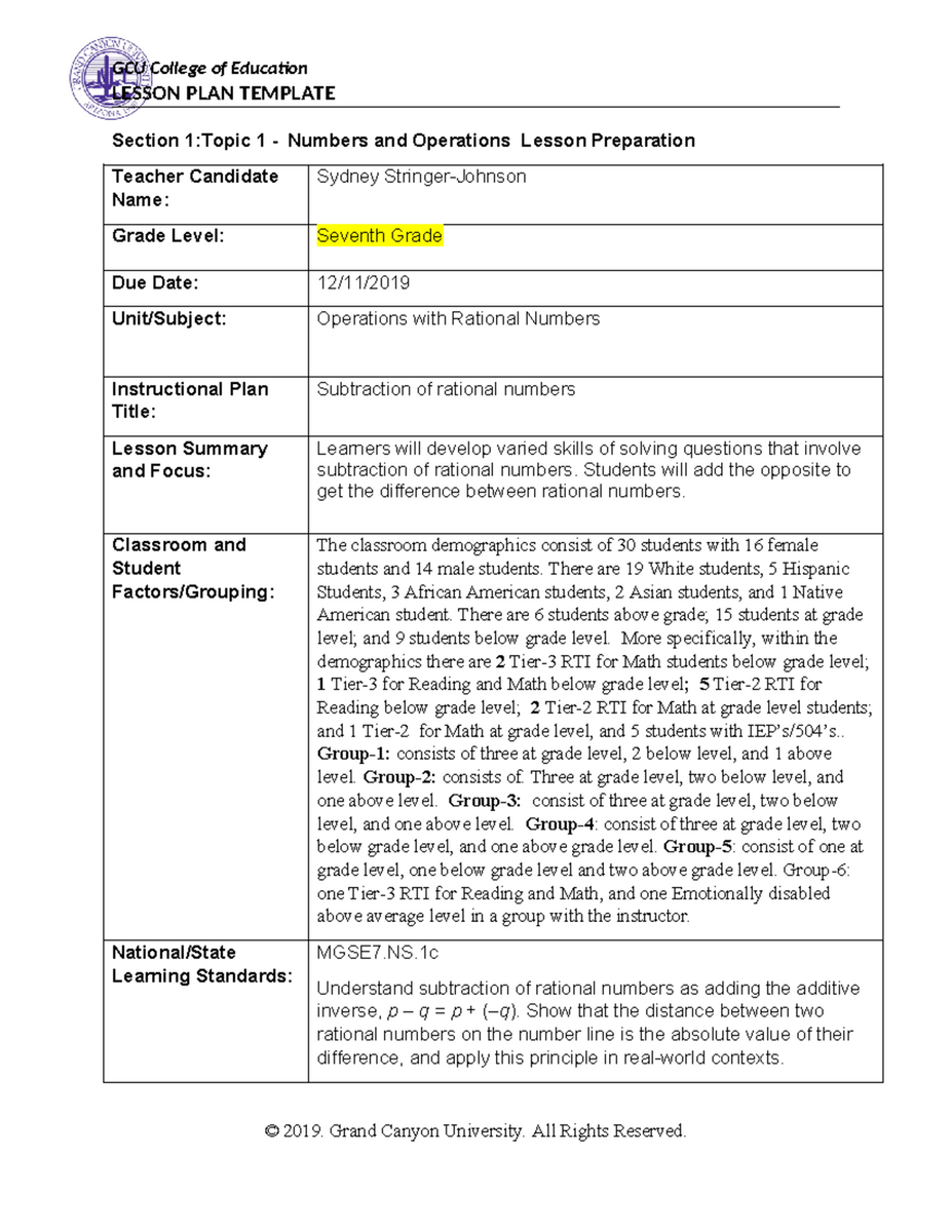Seventh Grade Math Lesson Plan Subtraction Of Rational Numbers Final Studocu