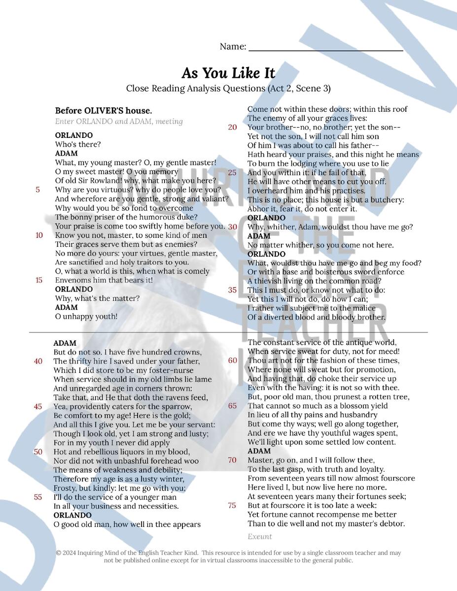 Shakespeare S As You Like It Act 2 Scene 3 Close Reading Analysis Worksheet Made By Teachers Shakespeare S As You Like It Act 2 Scene 3 Close Reading Analysis Worksheet Made By Teachers