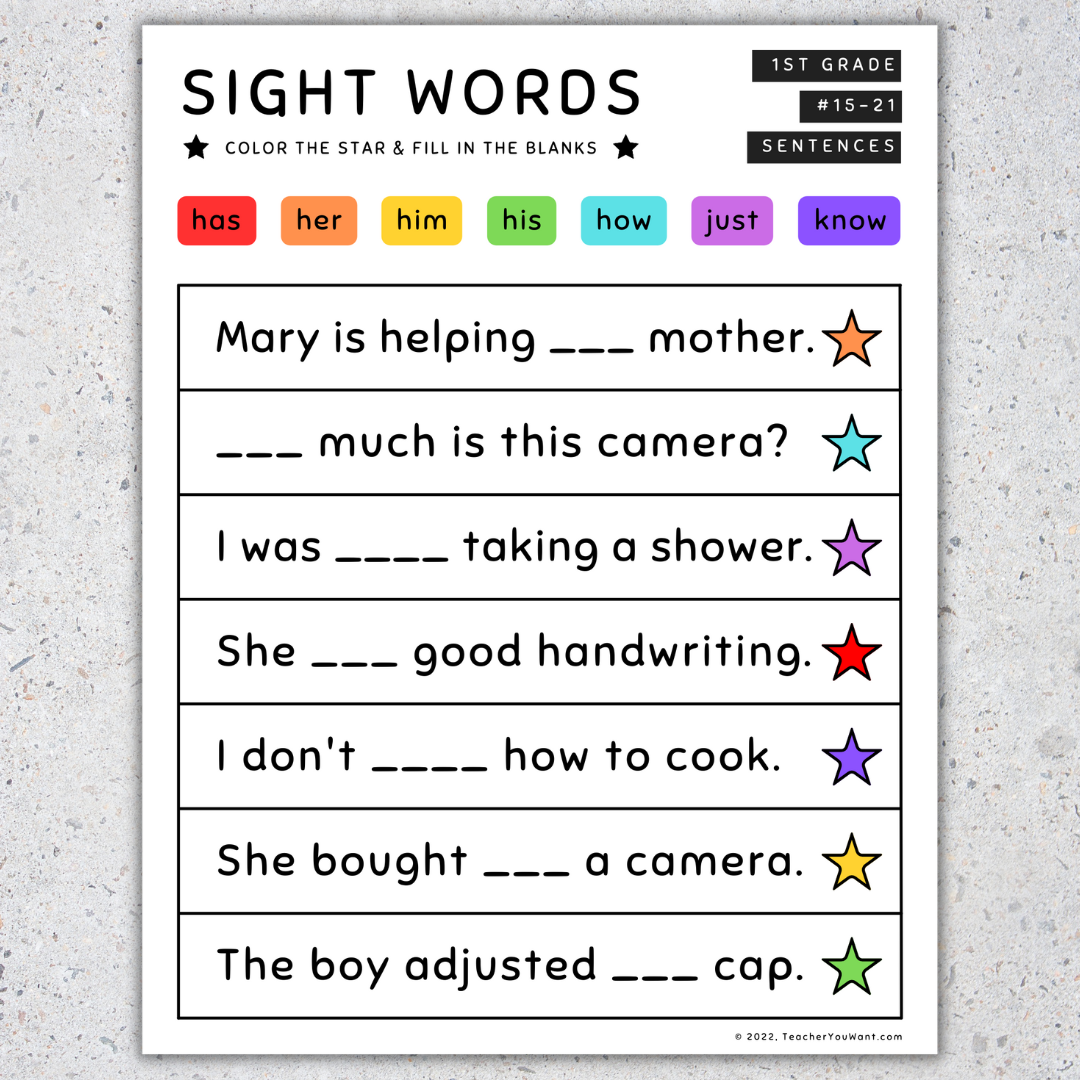 Sight Word Sentences Fill In The Blanks 1st Grade SET 7 Made By Teachers