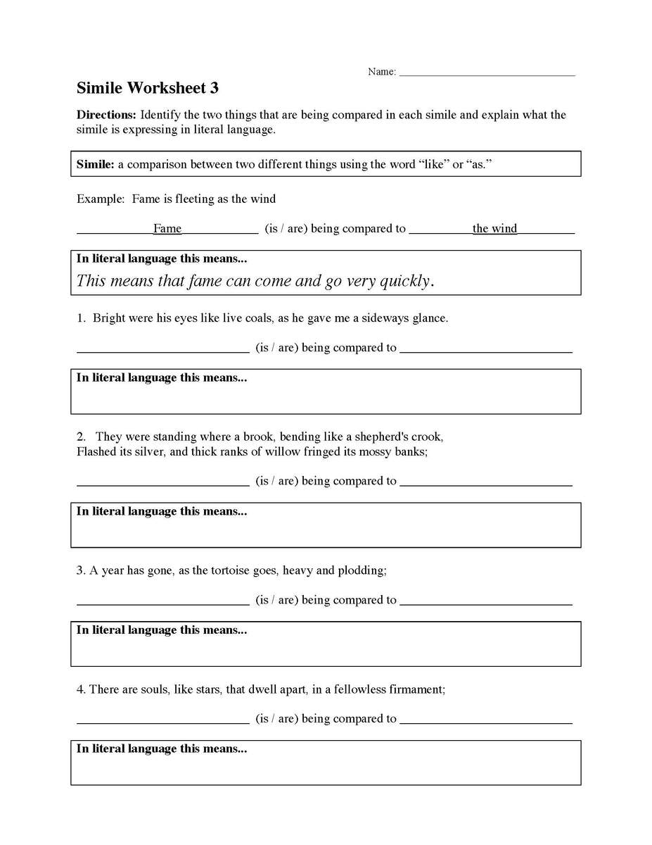Simile Worksheet 3 Figurative Language Activity