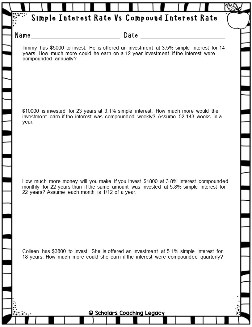 SIMPLE INTEREST RATE VS COMPOUND INTEREST RATE PROBLEMS Math Worksheets Made By Teachers SIMPLE INTEREST RATE VS COMPOUND INTEREST RATE PROBLEMS Math Worksheets Made By Teachers
