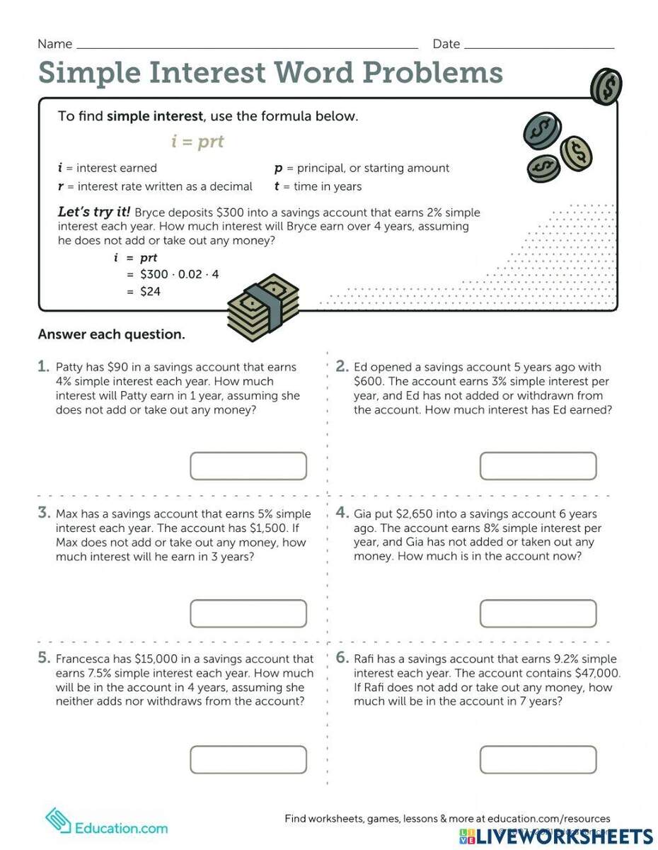 Simple Interest Word Problems Online Exercise For Worksheets Library