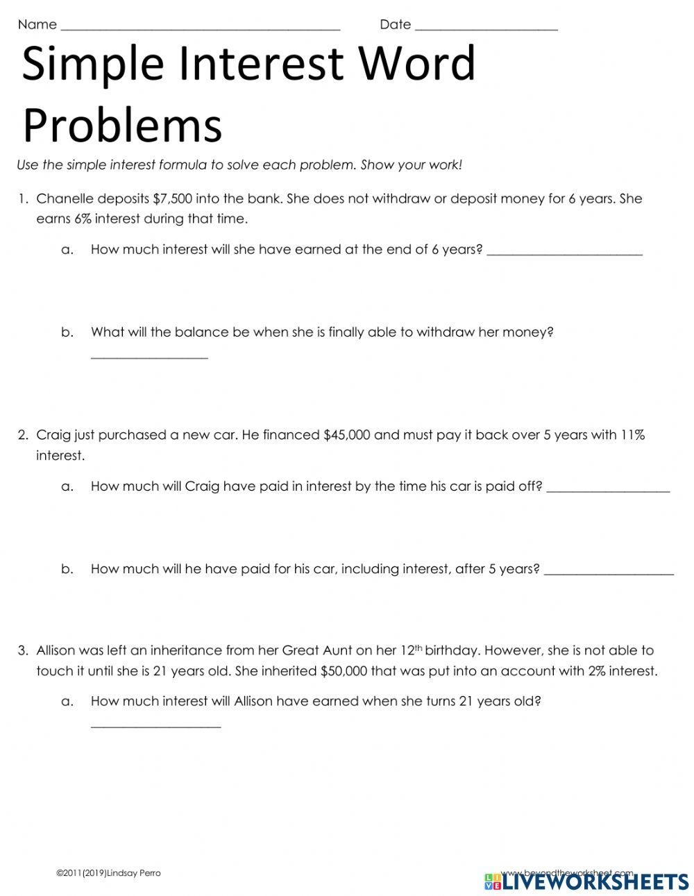 Simple Interest Word Problems Online Exercise For Worksheets Library Simple Interest Word Problems Online Exercise For Worksheets Library