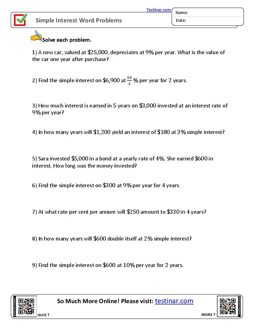 Simple Interest Worksheets Fraction Word Problems Math Steps Examples Questions