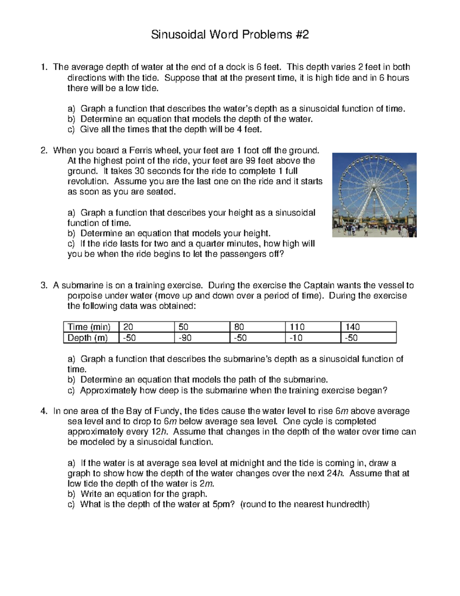 Sinusoidal Word Problems Modeling Height Depth Functions In Real Life Studocu