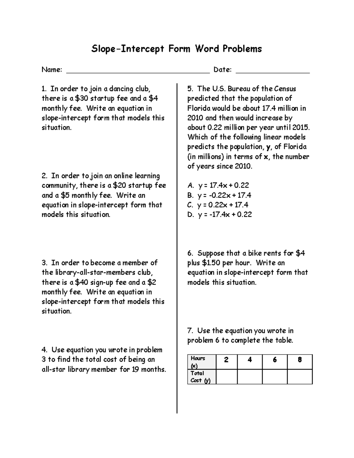 Slope Intercept Form Word Problems Worksheet Studocu