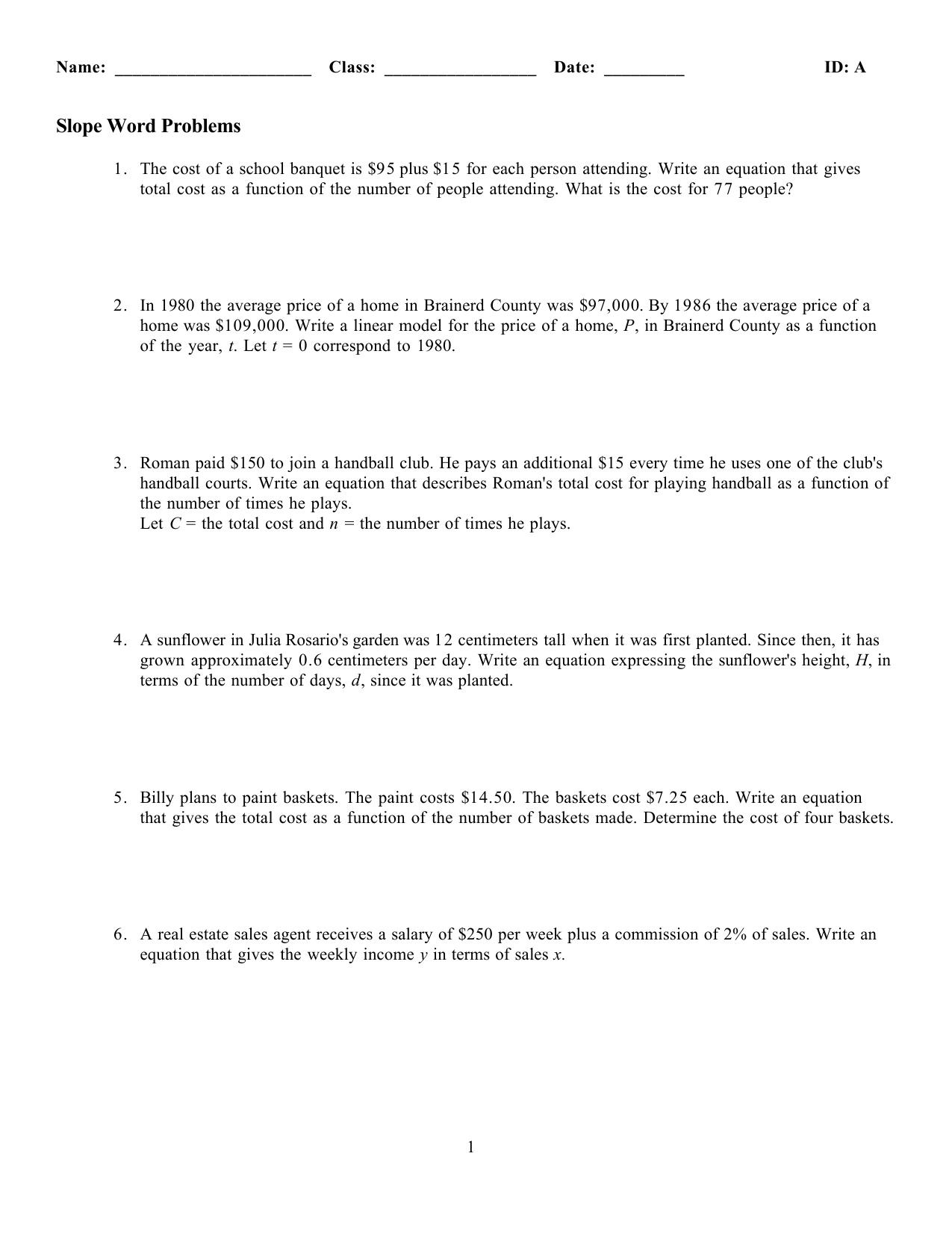 Slope Word Problems Worksheet Linear Equations Applications Slope Word Problems Worksheet Linear Equations Applications
