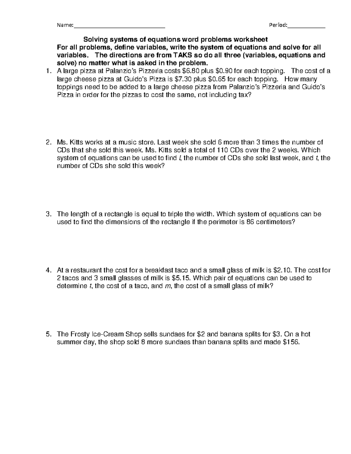 Soe Systems Of Equations Word Problems Worksheet Studocu