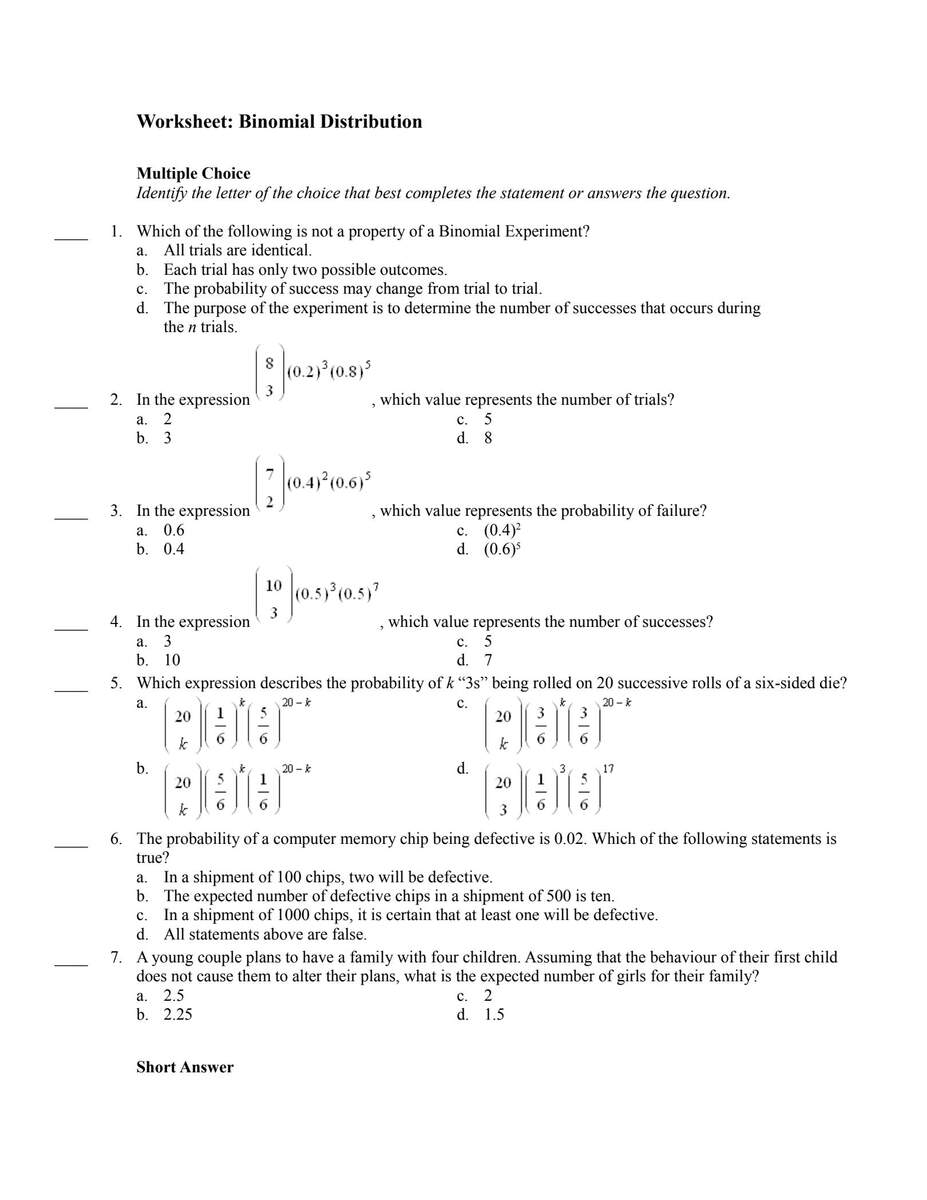 SOLUTION 6 2 Binomial Probability Practice Worksheet 1 Studypool Worksheets Library SOLUTION 6 2 Binomial Probability Practice Worksheet 1 Studypool Worksheets Library