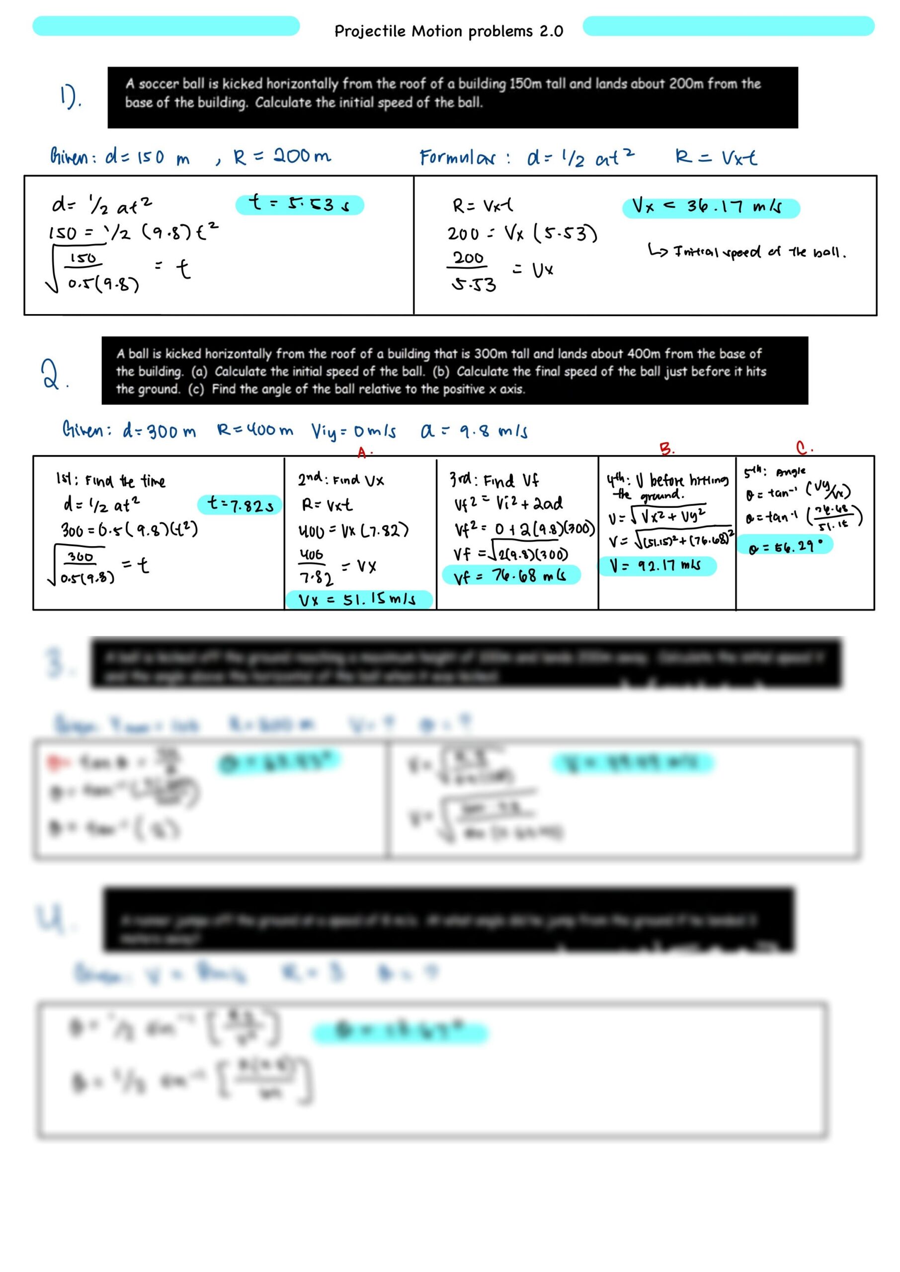 SOLUTION Projectile Motion Problems 2 0 Studypool Worksheets Library