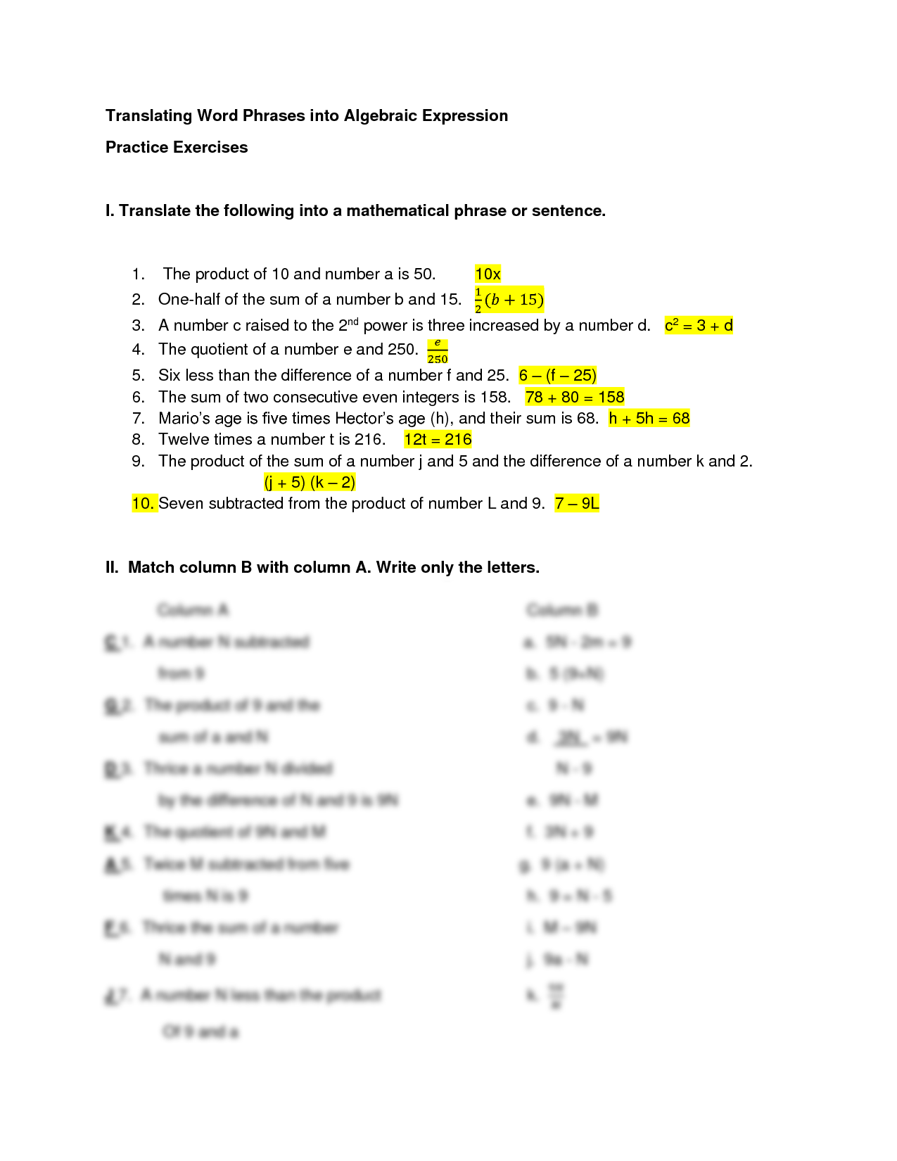 Basic Algebra Worksheets